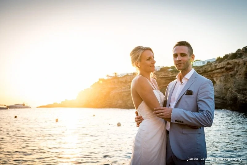 bride and groom in front of ibiza sunset