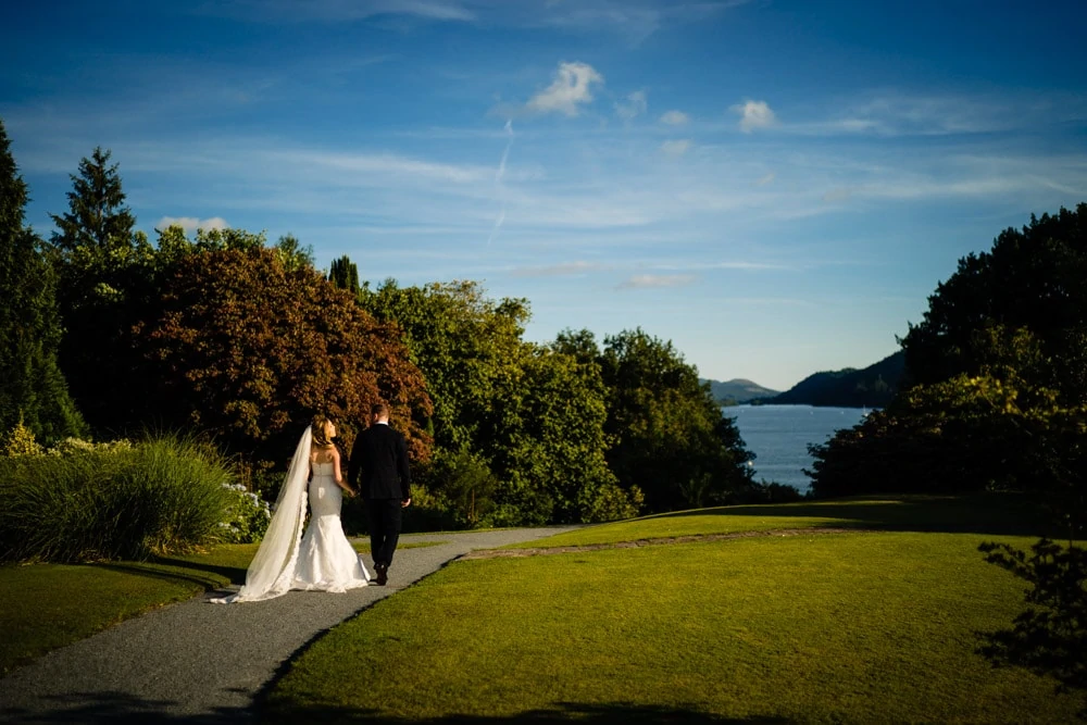 wide angle of couple walking at cragwood