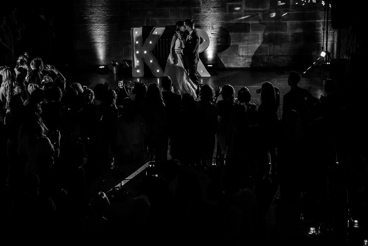 wide angle of first dance at peckforton castle