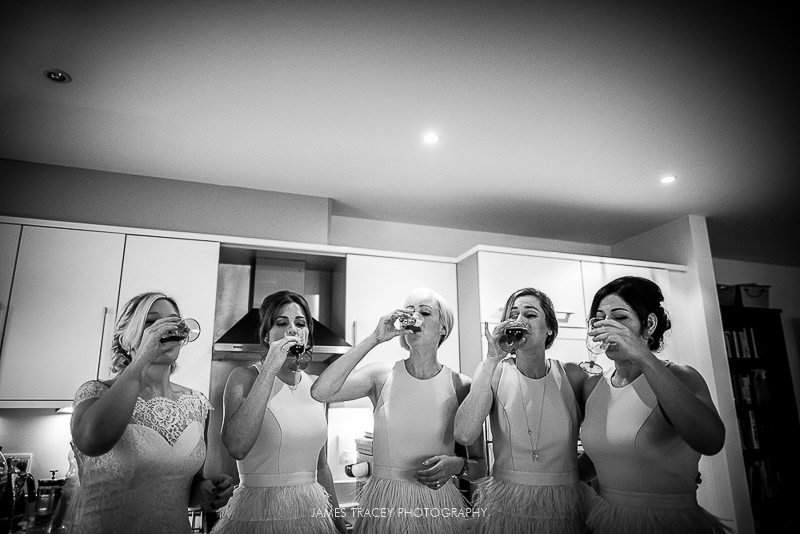 bride and bridesmaids drinking jager bomb