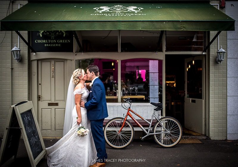 bridal couple in front of chorlton brassarie