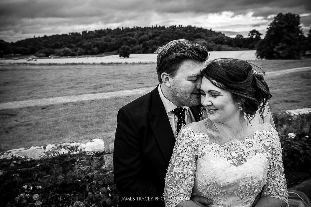 black and white photo of bride and groom