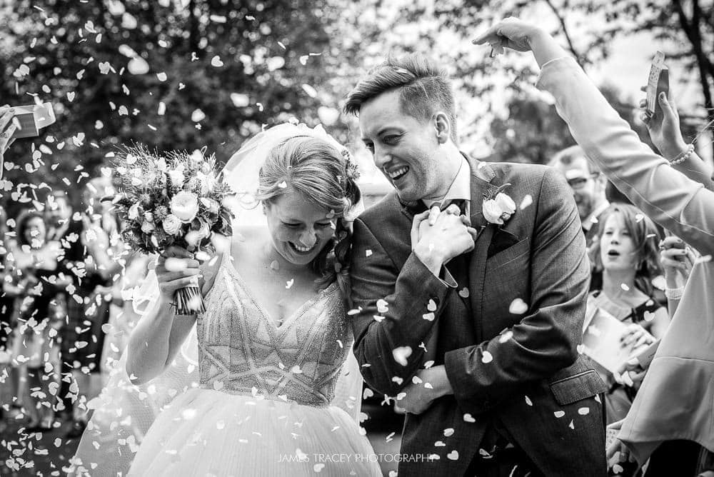 bride and groom laughing