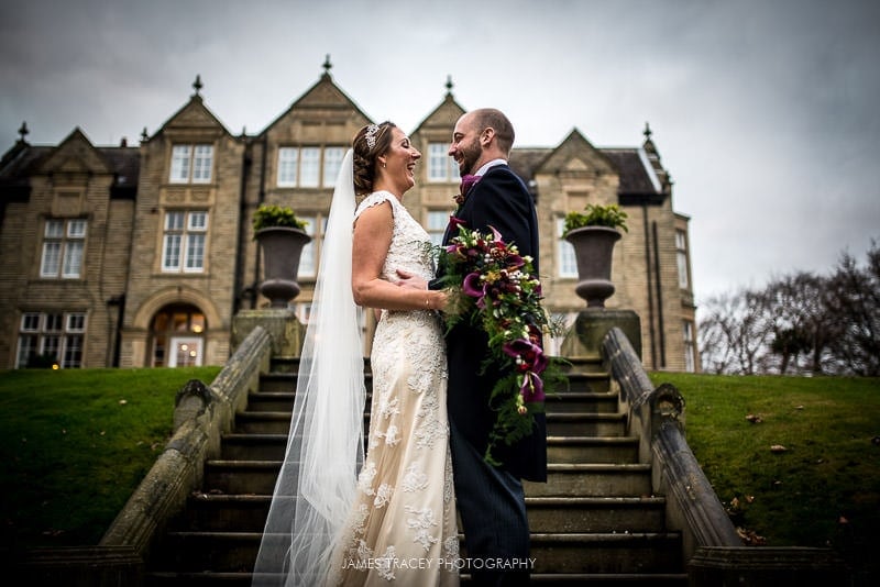 bride and groom in front of woodlands hotel leeds