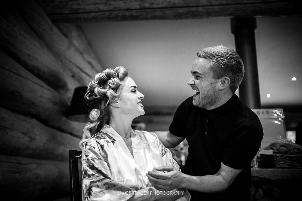 bride laughing in black and white