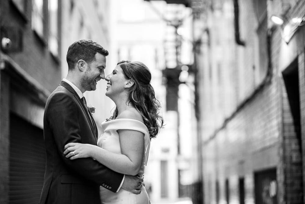 black and white photo in manchester city centre wedding