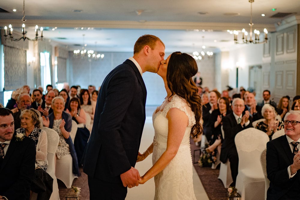 first kiss at wedding at mottram hall