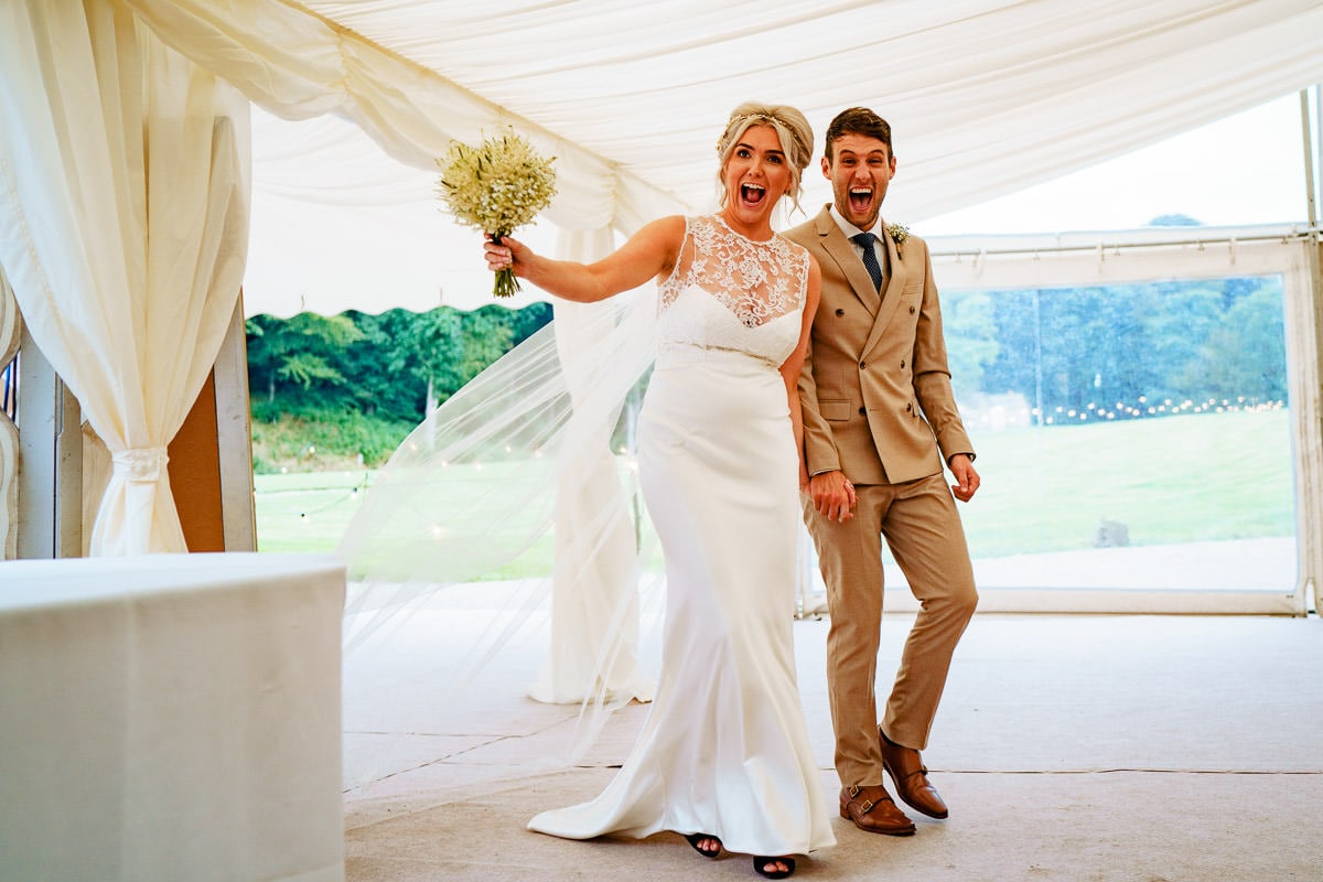 bride and groom arriving at gisburn park estate