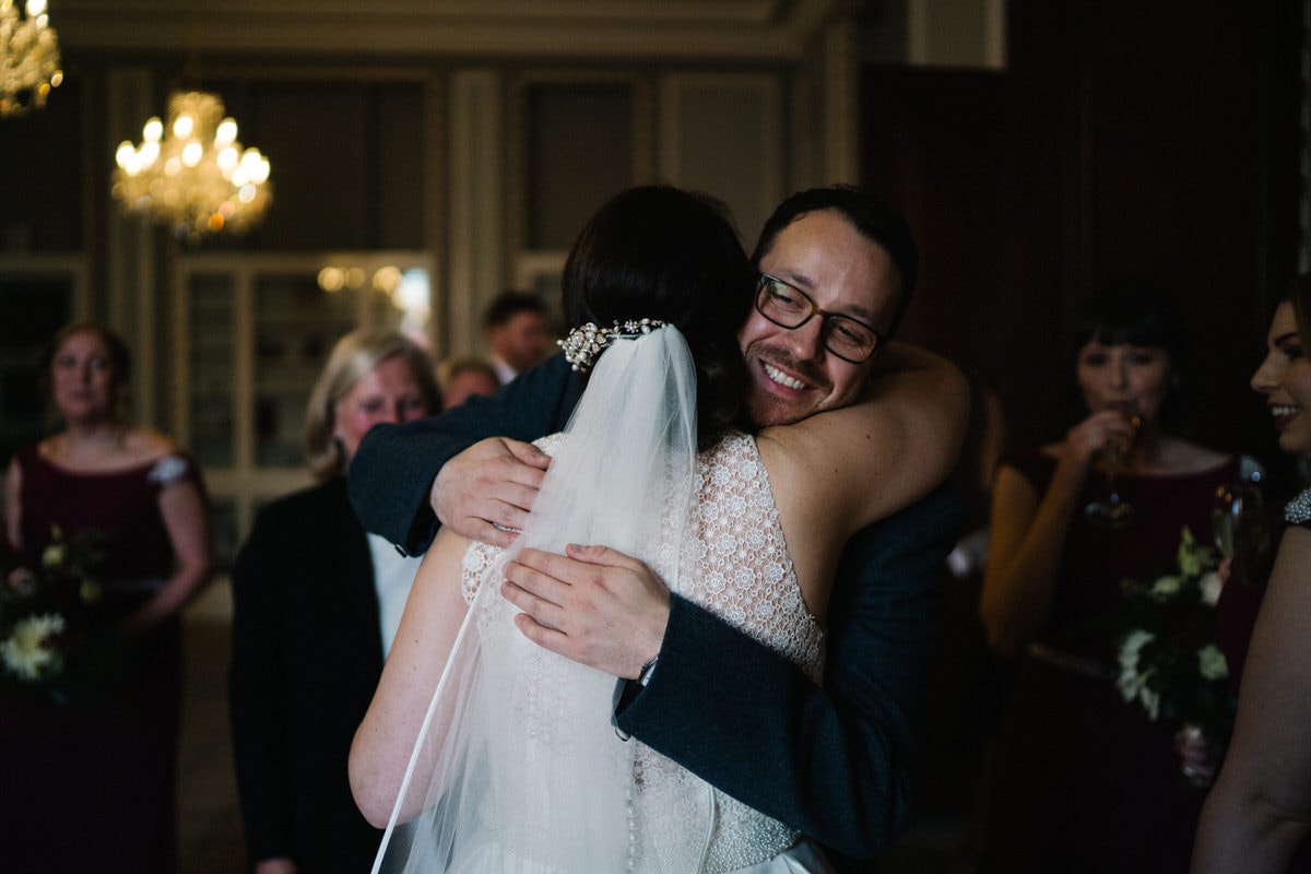 happy hugs at Manchester hall wedding