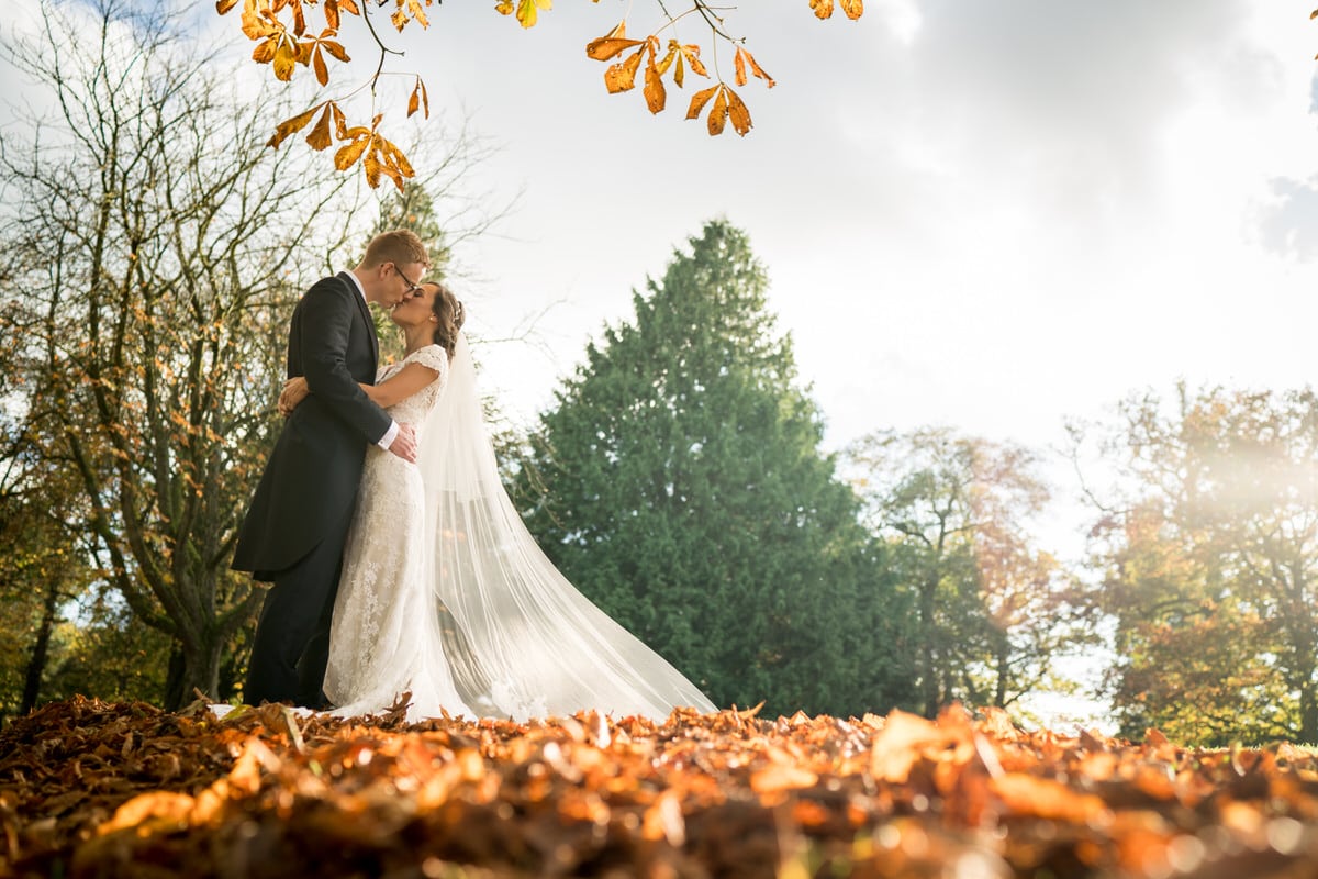 wide angle of wedding couple at colshaw hall