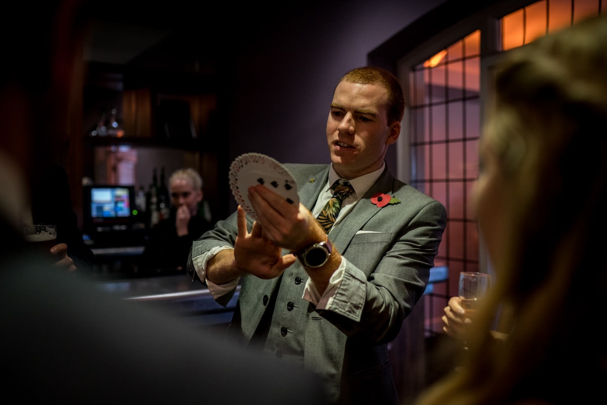 magician sam fitton and playing cards at colshaw hall